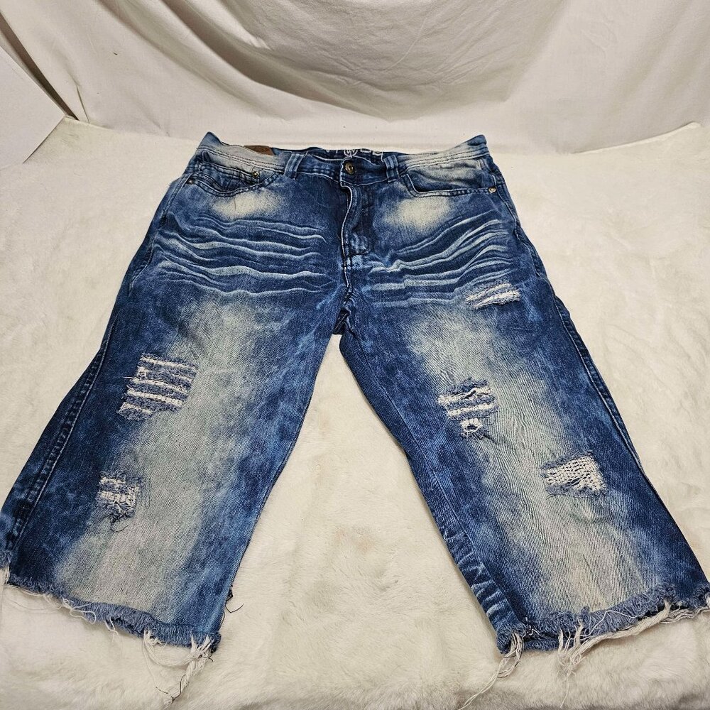 WT02 Stretch Blue Cotton Denim Jeans Pants Zipper Fly Tag 32 x 14 cut offs